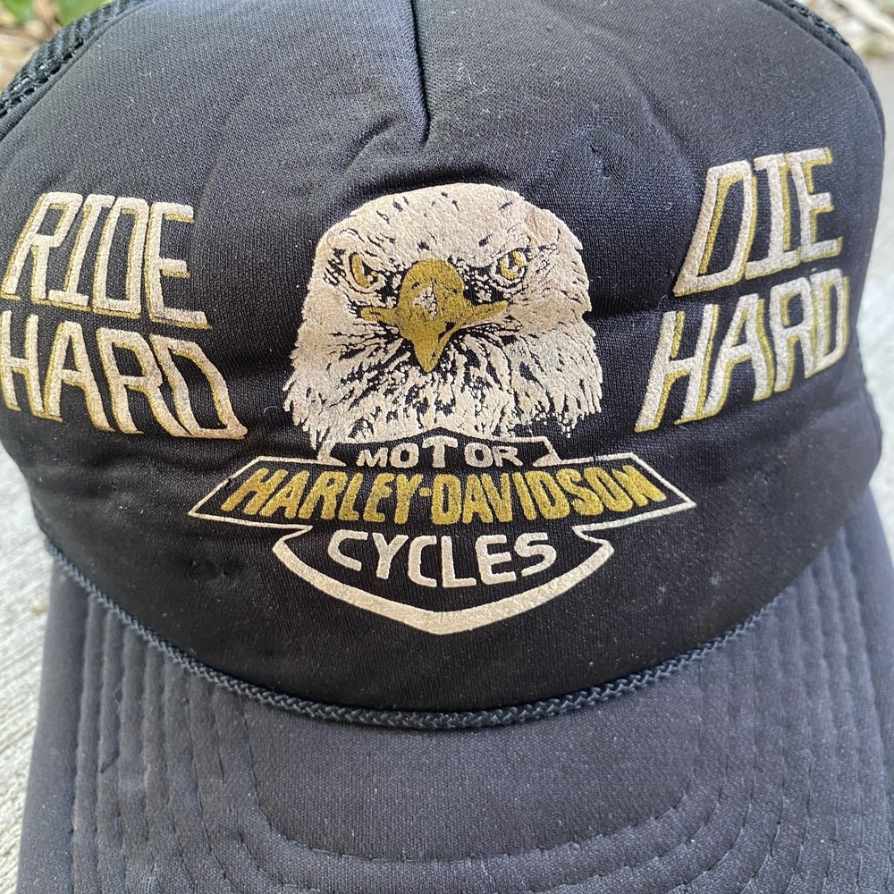 Vintage 80s Harley Davidson Foam Trucker Hat "Ride Hard Die Hard" Distressed